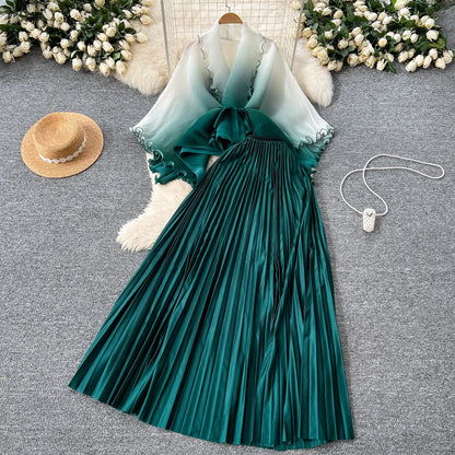 Miyake pli changement progressif couleur bord ondulé costume soleil jupe plissée à la mode et élégant deux pièces ensembles tenues pour femmes