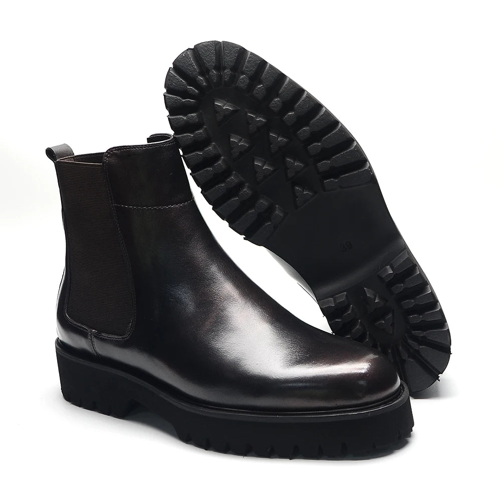 Bottes Chelsea montantes de Style britannique pour hommes, chaussures classiques de luxe en cuir véritable avec bande élastique pour augmenter la hauteur, automne et hiver