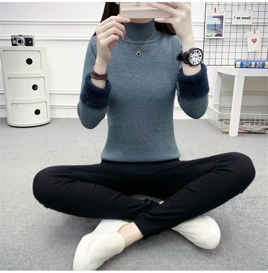 Pull Slim à Demi-Col Roulé pour Femme, Tricot Doublé de Velours, Chaud, Épais, en Jersey Doux, Collection Hiver