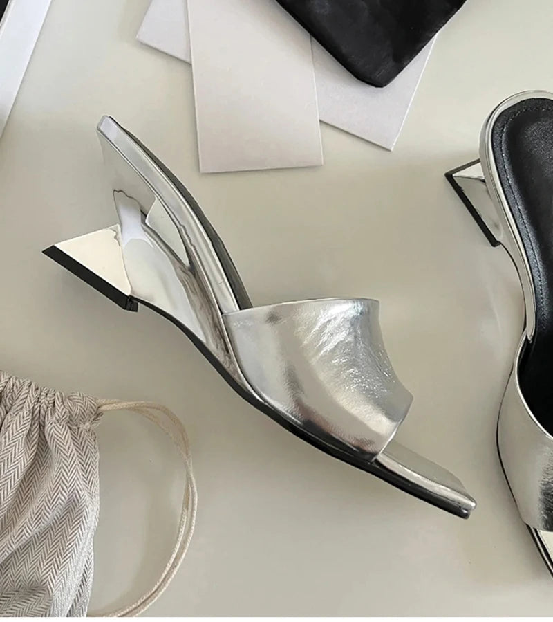 Pantoufles d'été à talons compensés pour femmes, élégantes, bout carré, diapositives à enfiler, robe d'extérieur, chaussures de Style de rue