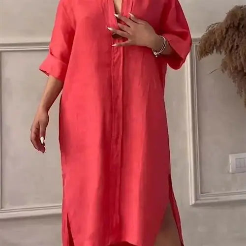 Femmes décontracté boutonné lin irt Long Ne rond couleur Blo vêtements pour animaux de compagnie accessoires