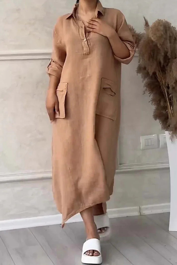Robe longue en lin à manches longues pour femmes, robe maxi blanche avec poches, élégante, mode décontractée, été, 2024