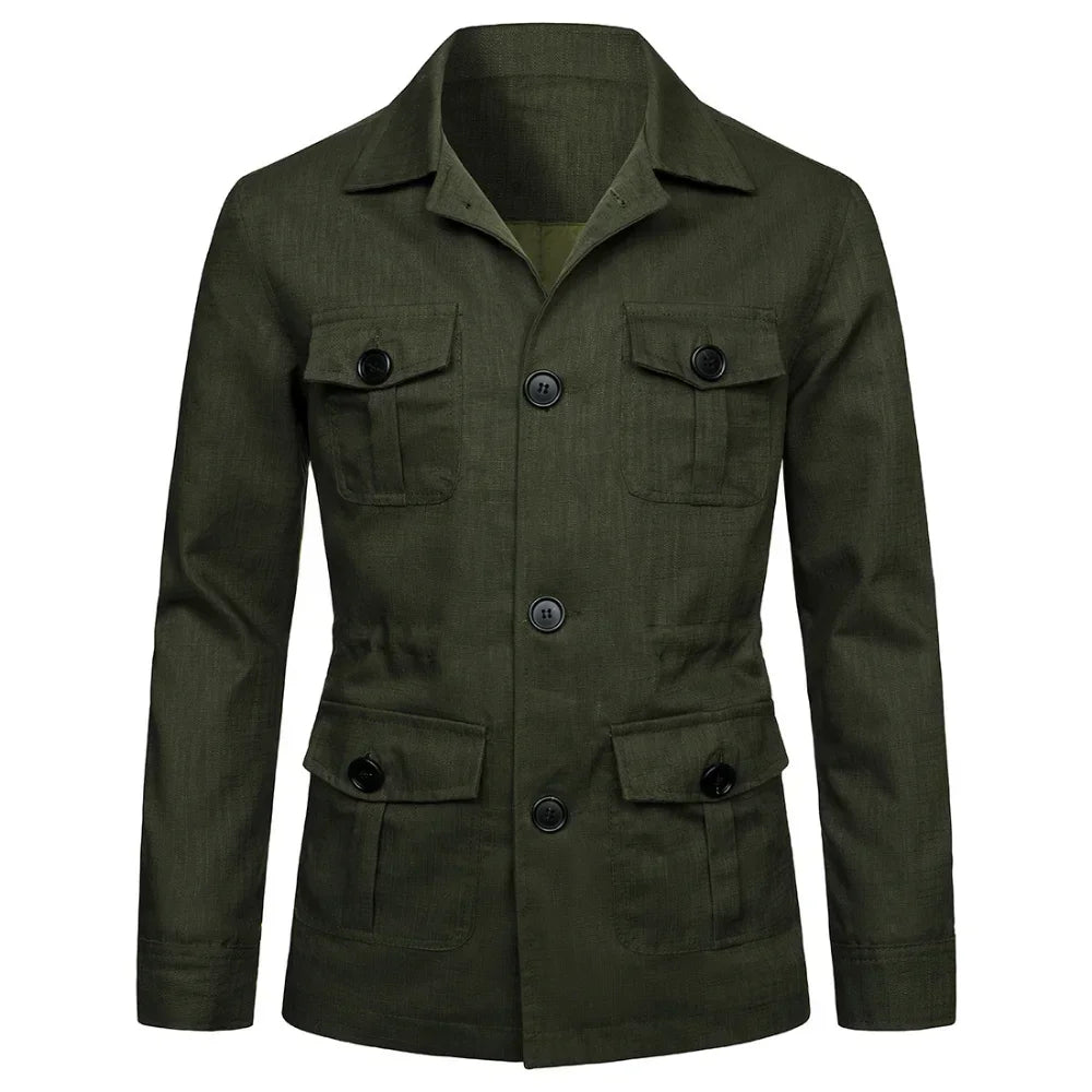 Hommes manteaux Safari veste lin britannique rétro Gentry costume poches vêtements d'extérieur mode couleur unie mâle hauts Ropa Hombre
