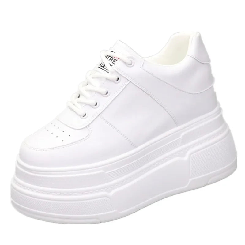 Baskets épaisses en cuir véritable pour femmes, talons hauts cachés blancs, chaussures à plateforme compensée, printemps, automne, été, 10cm, 12cm