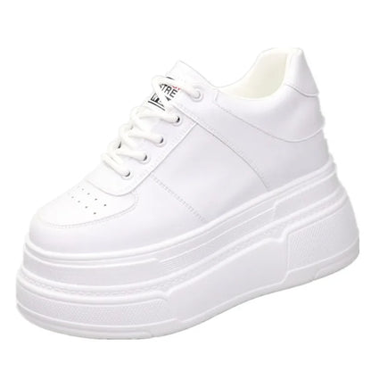 Baskets épaisses en cuir véritable pour femmes, talons hauts cachés blancs, chaussures à plateforme compensée, printemps, automne, été, 10cm, 12cm