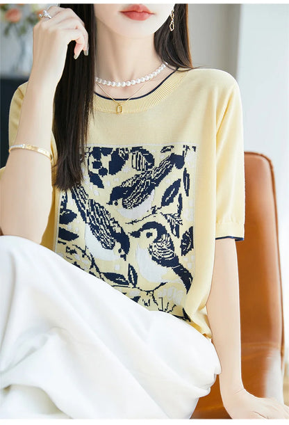 2025 été nouveau 100% Lyocell femmes à manches courtes décontracté col rond jacquard dessin animé T-shirt lâche hauts en tricot pull t-shirts cool