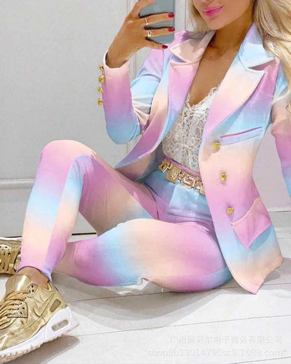 Veste crayon taille haute à double boutonnage pour femme, col imbibé, blanc tempérament, mode Piedmont, printemps et été, 2 pièces