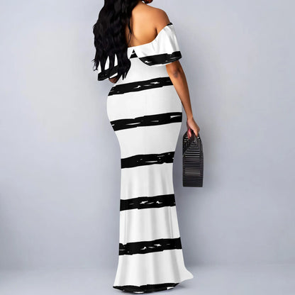 Robe longue rayée noir et blanc S-3XL – Robe sirène élégante à épaules dénudées pour femmes urbaines