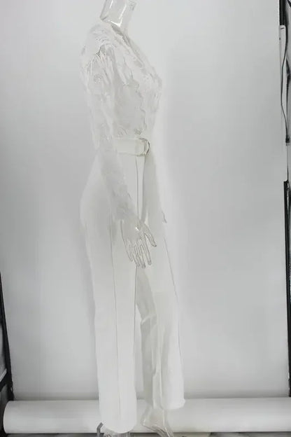 Combinaison blanche en dentelle pour femme, salopette élégante, longue, une pièce, taille haute, plume, soirée de mariage, barboteuses sexy, Y2K