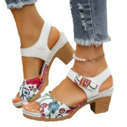 Sandales à talons hauts et bout ouvert pour femmes, chaussures de gladiateur d'été, plateforme à talons épais, sandales à fleurs pour dames