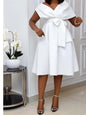 Robe mi-longue pour femmes, ligne A, coupe cintrée, col en V, manches courtes, taille serrée, épissure élégante, nœud à lacets, été