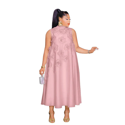CM.YAYA femmes élégantes sans manches en vrac 3D fleur col rond robe 2025 été moulante rue africaine Midi Maxi robes longues robes