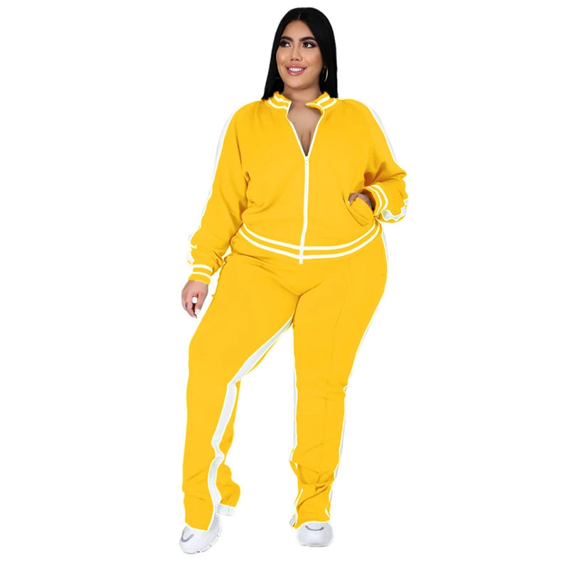Grande taille L-5XL deux pièces ensemble femmes survêtement Zip haut rayé fente pantalons de survêtement survêtement tenue correspondant ensemble en gros livraison directe