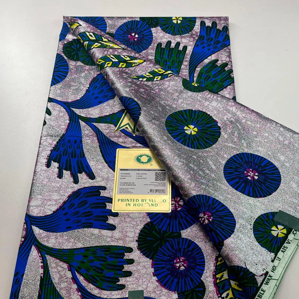 Tissu africain en cire de coton, très bonne qualité, nouvelle grande cire Ankara brillante Pagne, couleur grise, brillant doré, trucs Batik, 6 mètres