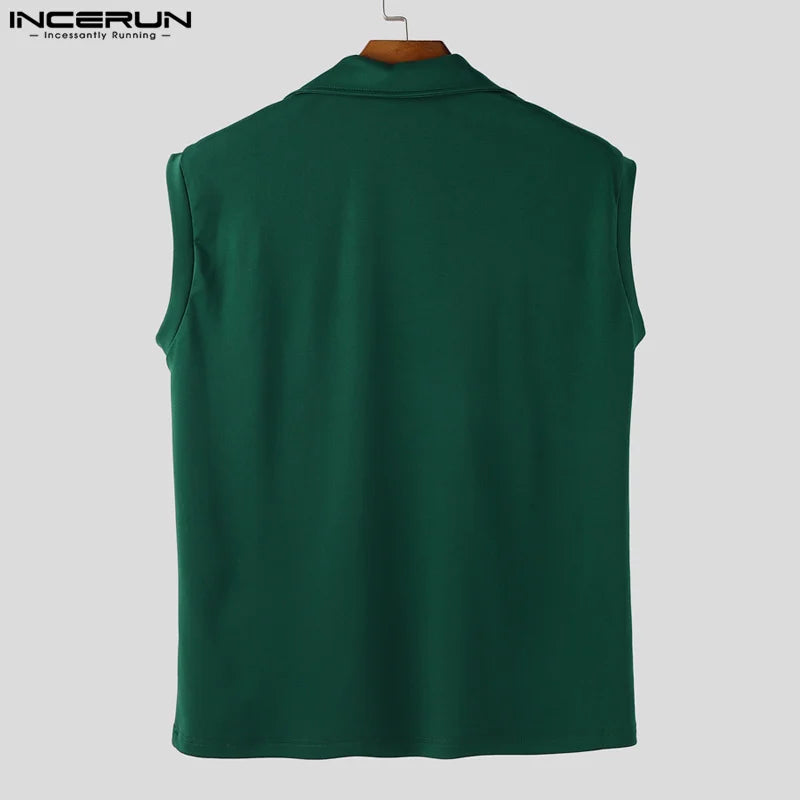 INCERUN hauts sans manche t-shirt été hommes débardeurs couleur unie fermeture éclair revers gilets hommes hauts surdimensionné vêtements pour hommes Streetwear