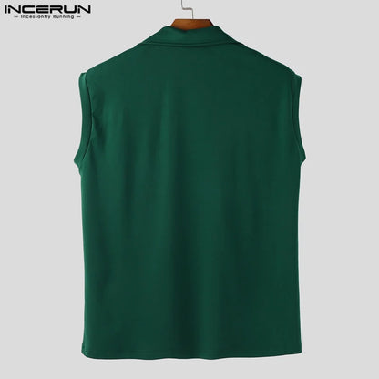 INCERUN hauts sans manche t-shirt été hommes débardeurs couleur unie fermeture éclair revers gilets hommes hauts surdimensionné vêtements pour hommes Streetwear