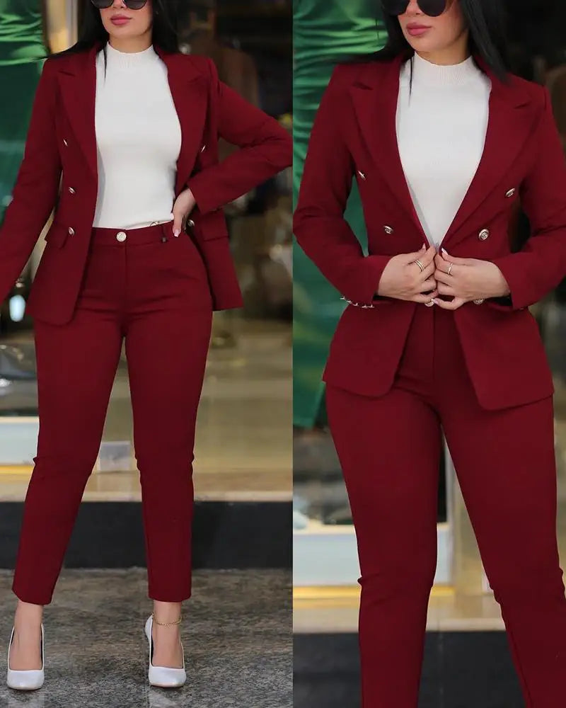 Blazer à manches longues et pantalon de travail taille haute pour femme, ensemble 2 pièces, col cranté, élégant, dame de bureau, mode, automne