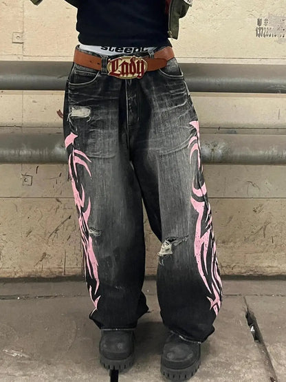 Jean baggy taille haute pour femme, jean droit, mode décontractée, imprimé hip hop, gothique, rue américaine, rétro, lavé, Y2K