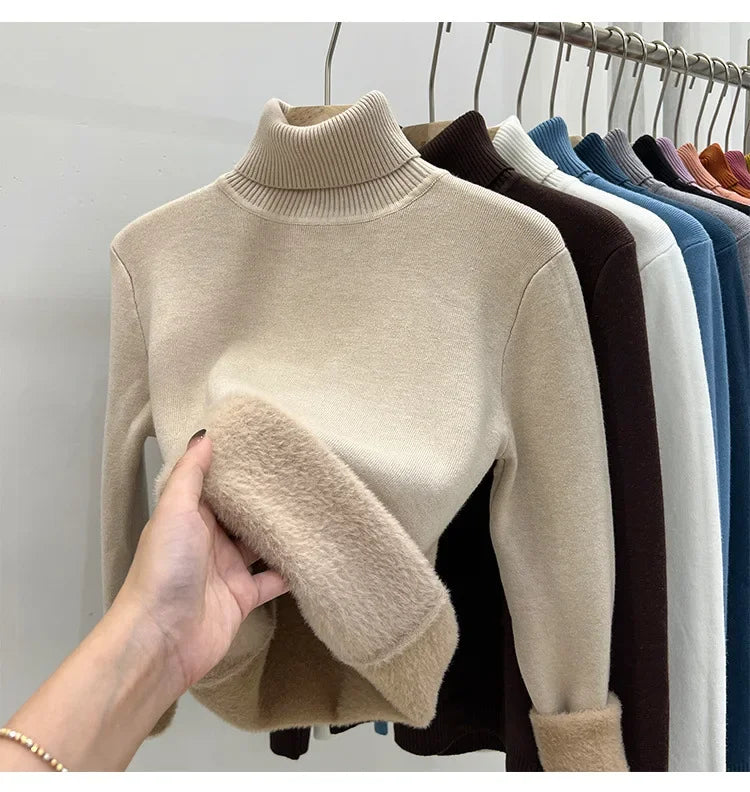 Pull intégré à col haut et manches longues pour femme, doublure polaire, nouveau Style, couche de Base chaude, haut à la mode, printemps hiver