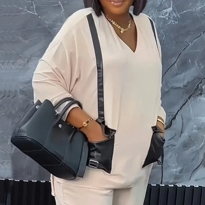 Ensemble deux pièces africain pour femme, pantalon long, ample, noir, poche, col en V, manches longues, grande taille, costume de vacances, sexe, nouveau, 2024