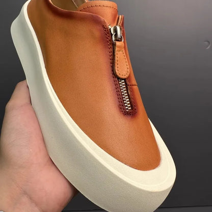Mocassins à fermeture éclair pour hommes, cuir de vachette véritable, chaussures décontractées, baskets d'extérieur vintage, chaussures de skateboard, plate-forme optique, mode