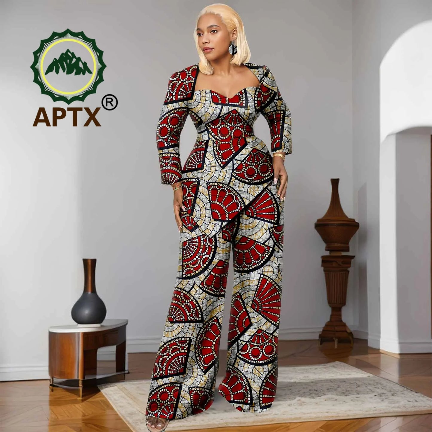 Ensemble deux pièces imprimé africain Ankara pour femmes, haut à manches neuf quarts et pantalon longueur au sol, ensemble décontracté Dashiki avec boucles d'oreilles