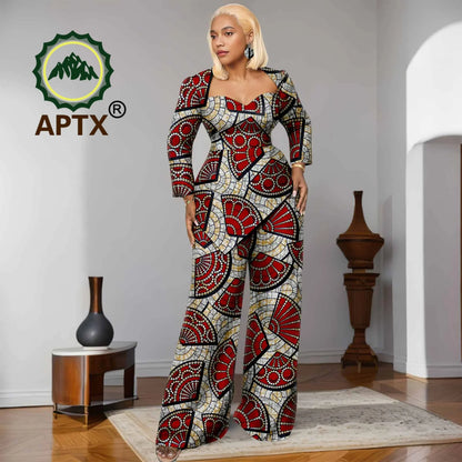 Ensemble deux pièces imprimé africain Ankara pour femmes, haut à manches neuf quarts et pantalon longueur au sol, ensemble décontracté Dashiki avec boucles d'oreilles