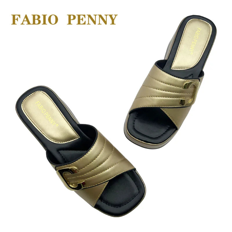 FABIO PENNY2025 été nouveau design métallique couleur unie à semelles épaisses à la mode et sexy dames fête pantoufles à semelles souples