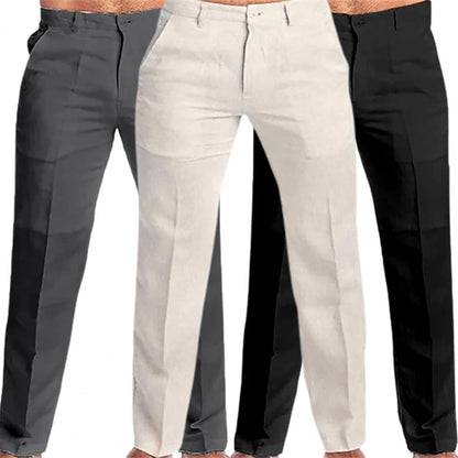 Pantalon en coton et lin pour hommes, Long, décontracté, élégant, taille moyenne, couleur unie, Slim Fit, fermeture éclair, bouton volant