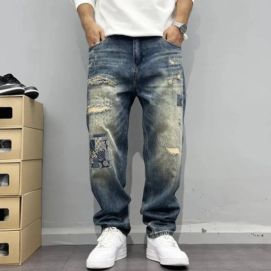 Jean Baggy Vintage en détresse Patchwork jean homme droit ample haute rue Hip-hop pantalons longs vêtements pour hommes jean pour homme