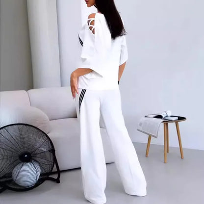 Costume de sport deux pièces blanc pour femmes, nouvelle mode, Sexy, épaules dénudées, chemise de sport ample + pantalon décontracté, vêtements de sport en coton pour femmes