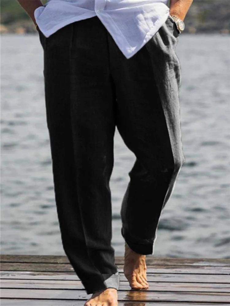 Pantalon en lin ample et respirant pour hommes, décontracté, pour loisirs quotidiens, confortables, fins, à la mode, couleur unie, printemps été