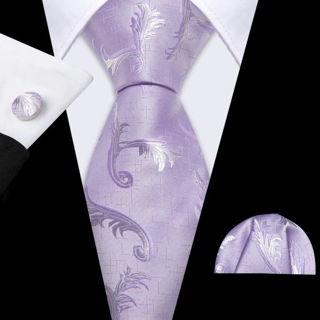 Barry.Wang violet lilas lavande soie hommes cravate mouchoir bouton de manchette ensemble Jacquard cravate florale pour homme mariage fête d'affaires