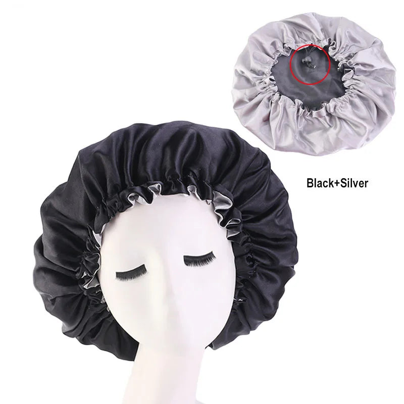 Bonnet en Satin réversible pour cheveux, Double couche réglable, couvre-tête pour dormir, accessoires de coiffure bouclés et élastiques