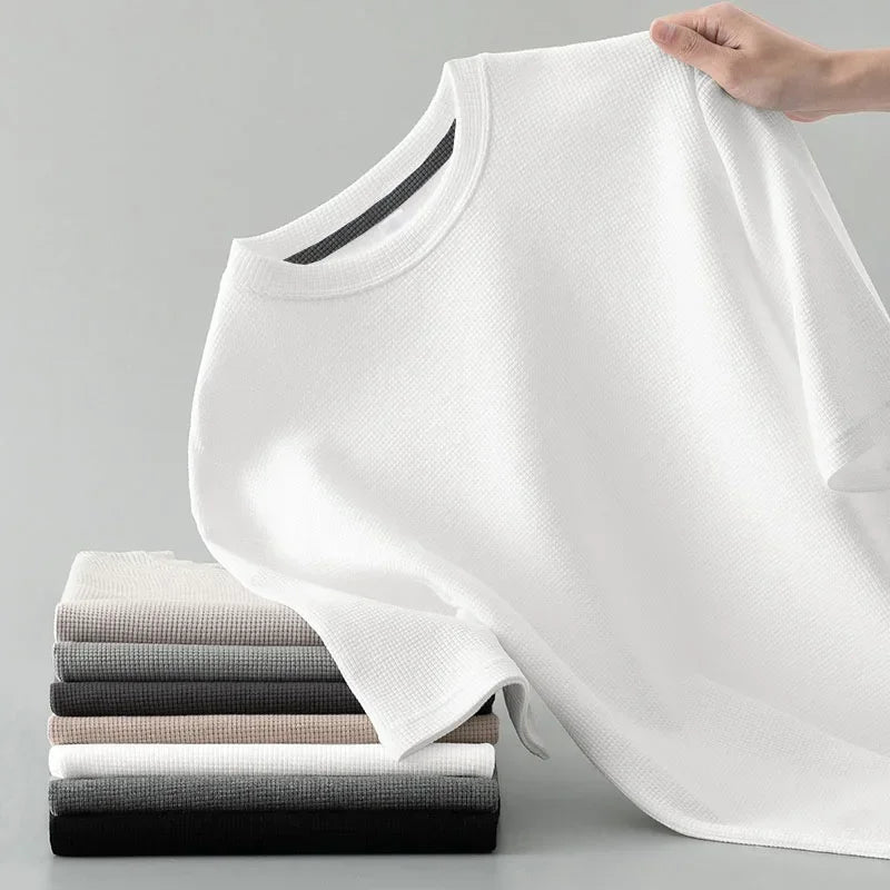 Style coréen hommes été T-Shirt homme à manches courtes gaufré solide T-Shirt couleur T-Shirt décontracté rond hommes col rond haut tendance