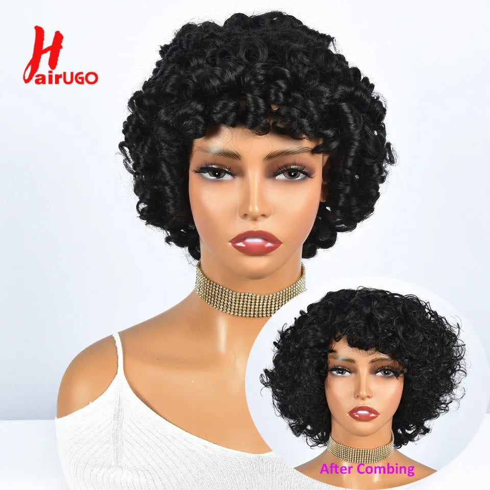 Hairugo-Perruque de Cheveux Humains Bouclés Coupe Pixie à Reflets, Sans Colle, avec Frange Entièrement Fabriquée à la Machine