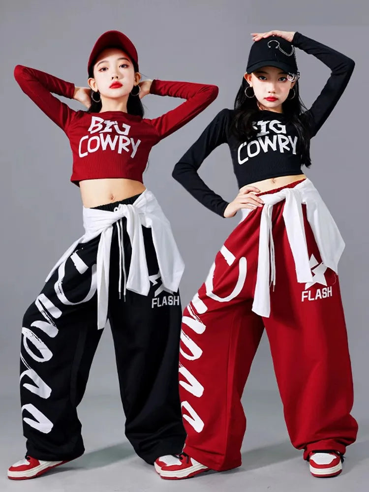 Filles K-pop haut court mode lettres Sport Joggers pantalon fille groupe vêtements ensembles enfants Hip Hop Streetwear enfants Jazz Costumes