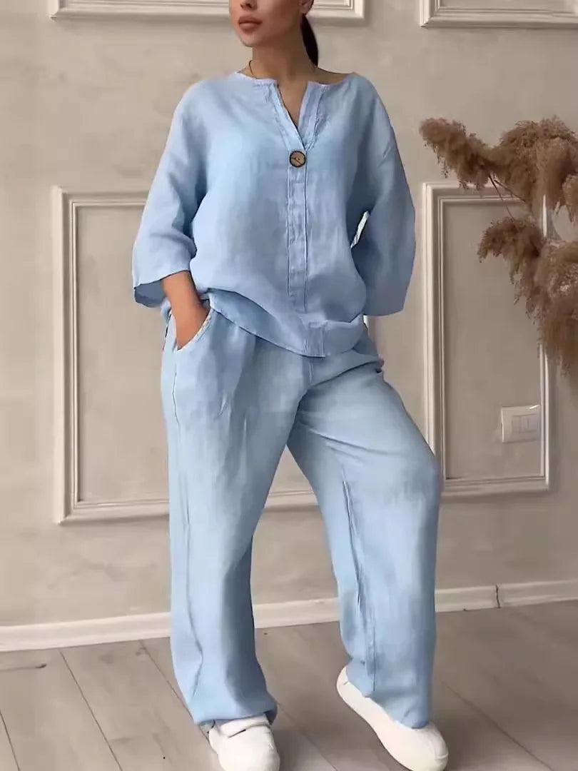 Ensemble deux 2 pièces en coton et lin, chemisier ample décontracté à manches longues et boutons, chemise et pantalon ample à jambes larges et élastiques, costumes NMD-3021