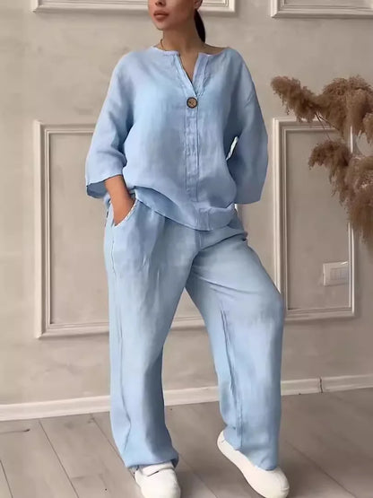 Ensemble deux 2 pièces en coton et lin, chemisier ample décontracté à manches longues et boutons, chemise et pantalon ample à jambes larges et élastiques, costumes NMD-3021