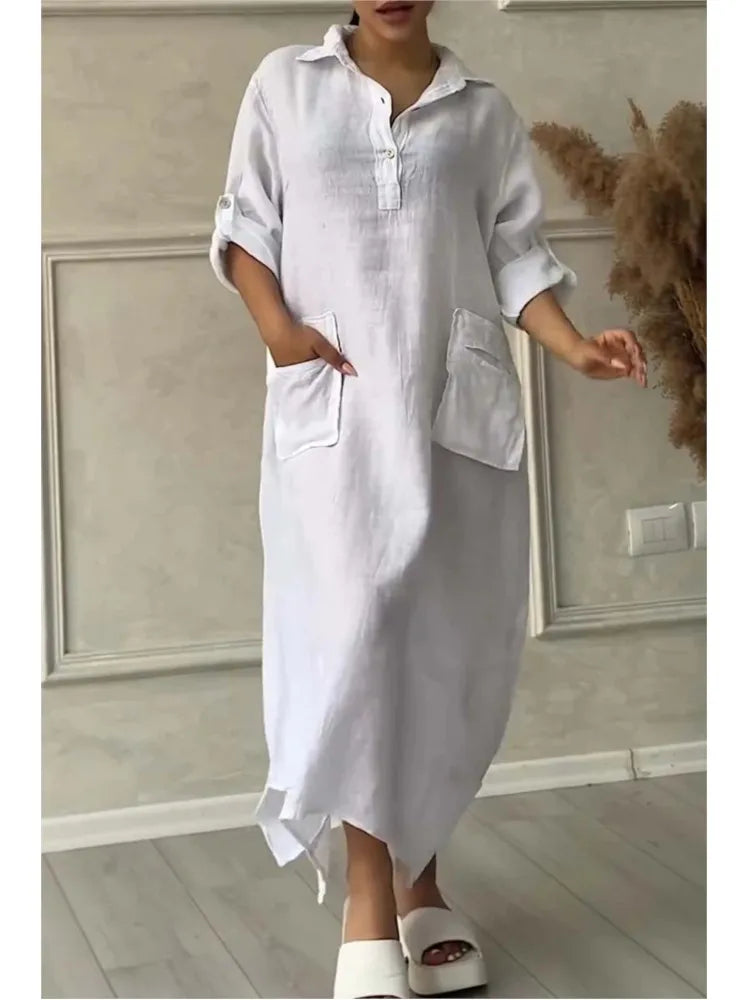 Robe longue en lin à manches longues pour femmes, robe maxi blanche avec poches, élégante, mode décontractée, été, 2024