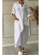 Robe longue en lin à manches longues pour femmes, robe maxi blanche avec poches, élégante, mode décontractée, été, 2024