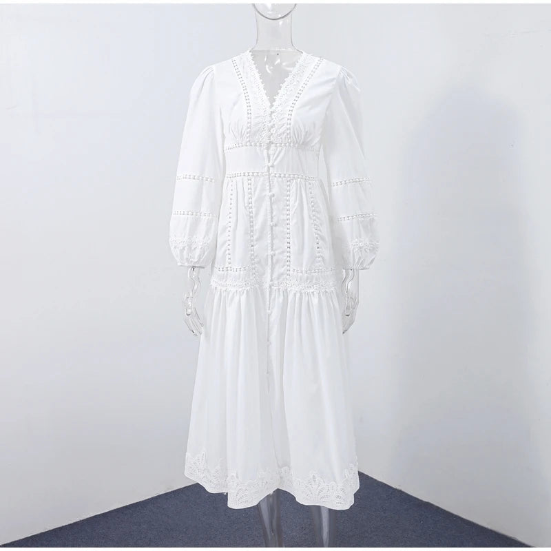 Robe longue en dentelle ajourée pour femmes, élégante, couleur unie, col en v, Patchwork, manches bouffantes, moulante, nouvelle collection printemps 2025