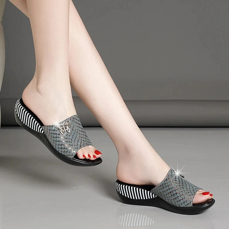 Sandales à Talons Compensés en Cuir group pour Femme, Pantoufles d'Été à la Mode, Chaussures Anti-Alde