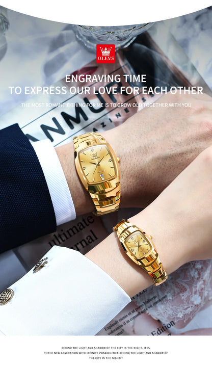 OLEVS-Montre de couple en acier au tungstène Tonneau pour hommes et femmes, marque de luxe, montre à quartz pour amoureux, montre-bracelet étanche, 7006
