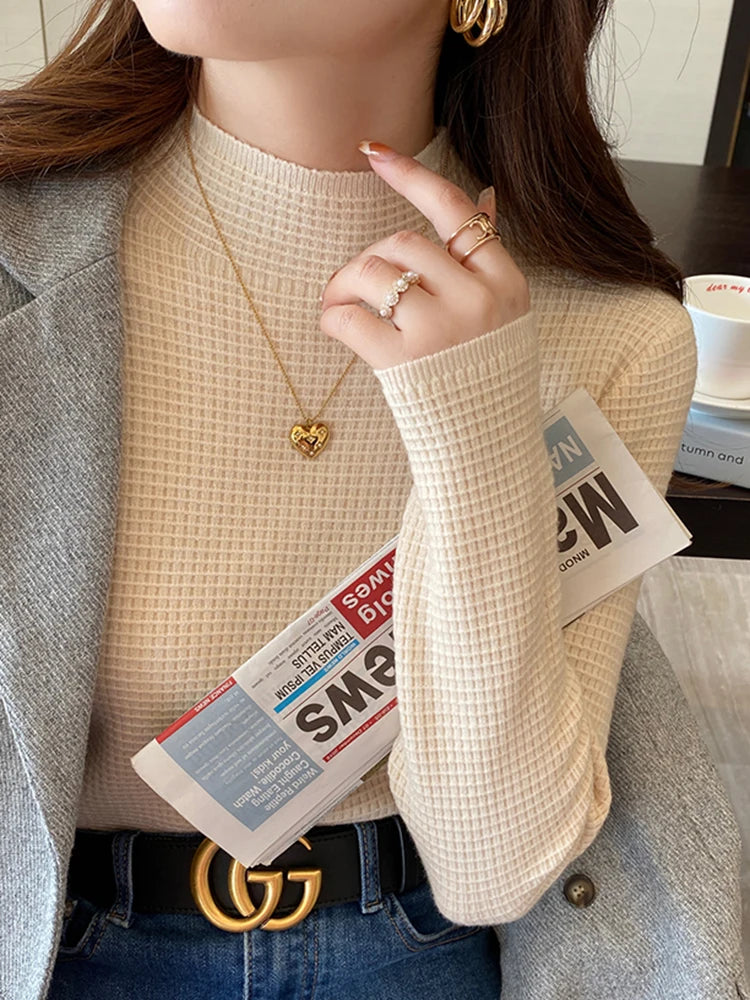 Pull Vintage à Col Roulé pour Femme, Vêtement à Motif Gaufré, Solide, Décontracté, Slim, Automne Hiver