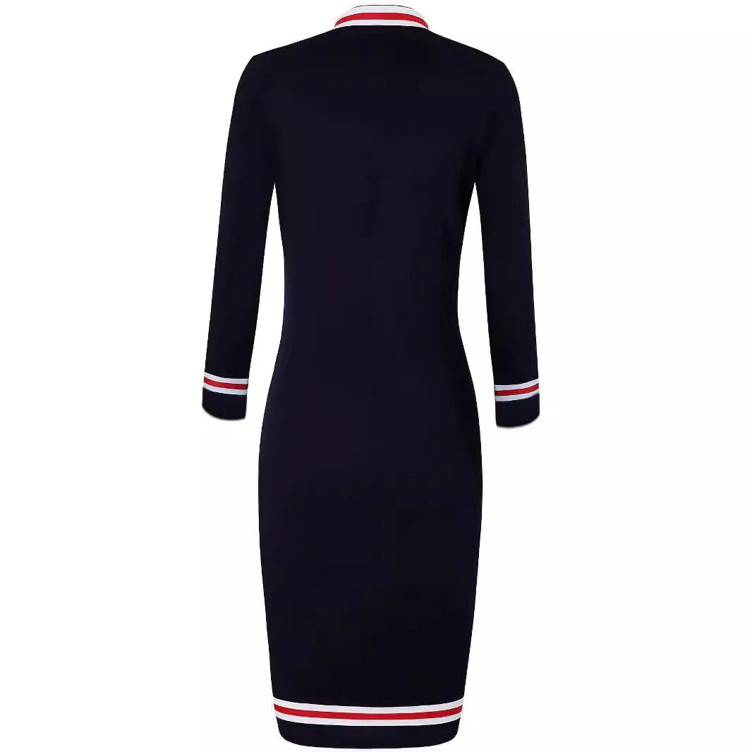 Robe moulante à rayures de couleur contrastée pour femmes, mode décontractée, manches longues, fermeture éclair, col, élégante, Slim, robes de soirée