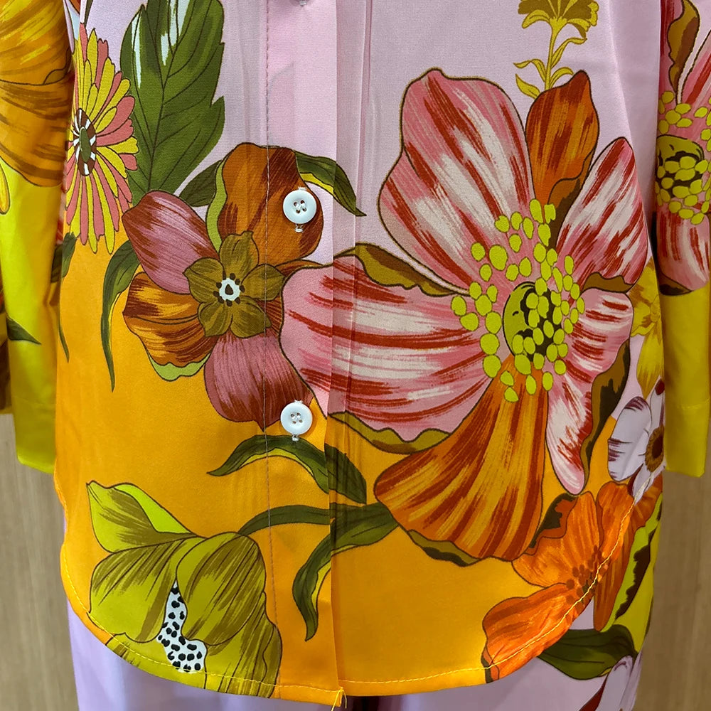 Chemise Vintage décontractée à imprimé Floral pour femmes, col rabattu, pantalon ample, chemisier, ensemble deux pièces, tenues de vacances printemps et été