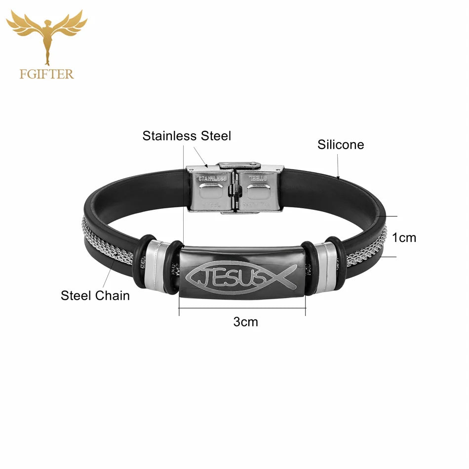 Bracelet symbole de poisson de jésus chrétien avec chaîne, manchette en acier inoxydable, en Silicone noir, bijoux d'été pour femmes et hommes