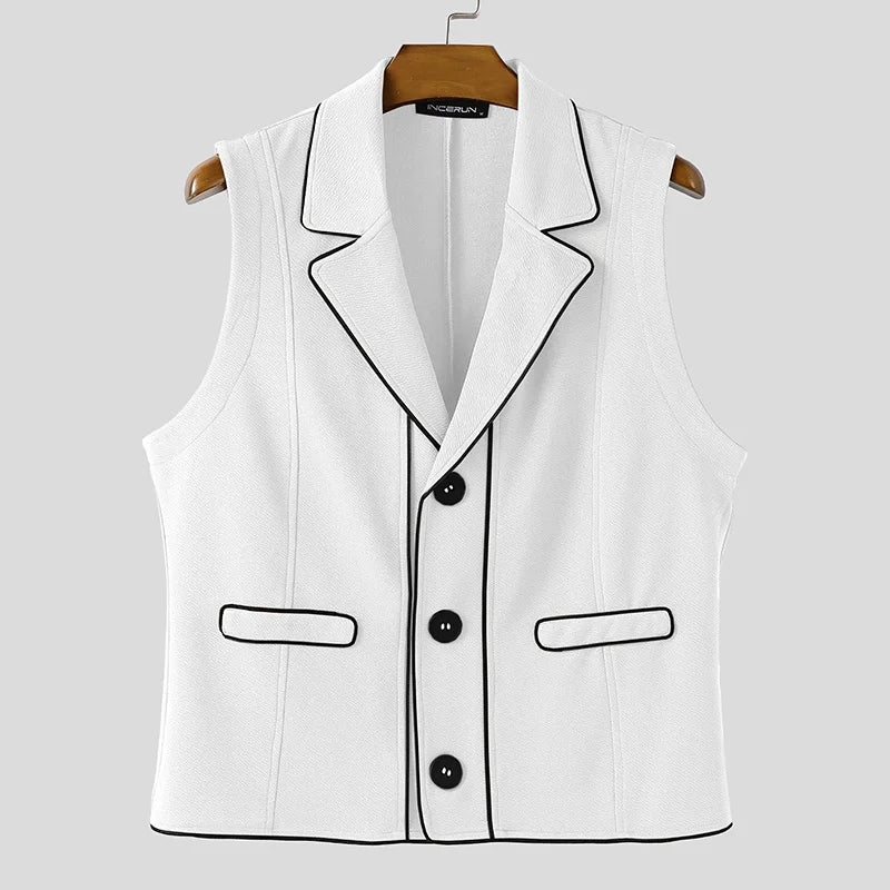 INCERUN hommes gilets Patchwork revers sans manches bouton décontracté hommes gilets couleur-bloc Streetwear 2025 mode gilets hommes S-5XL