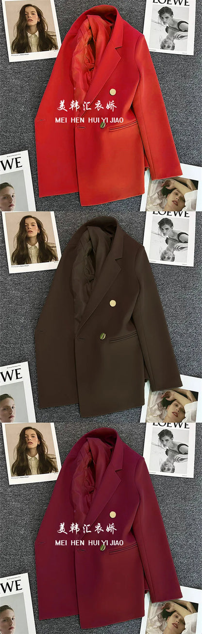 Couleur bonbon OL Blazer printemps automne cranté à manches longues Double boutonnage bouton en métal mince poche Blazer manteaux ZXFS-S602